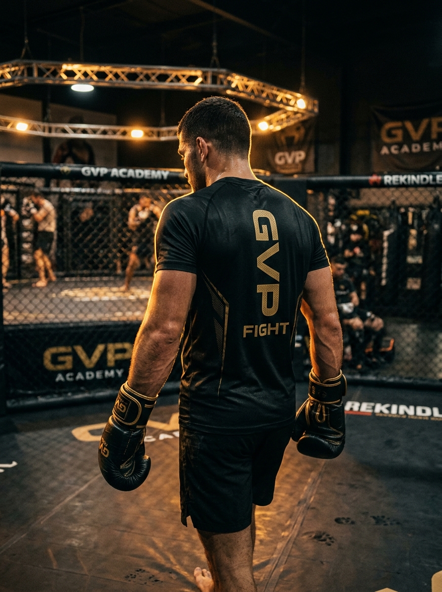 Lutador GVP Fight com camisa e luvas de costas